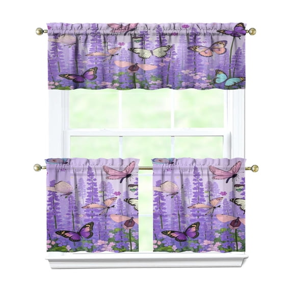 Purple Lavender Flower Butterflies 3 Piece Kitchen Curtains Sets with Valance for Windows Rod Pocket Machine Washable Kitchen Curtain Valance 3 Piece Set Decorations (54"x18"+2x27.5"x24")