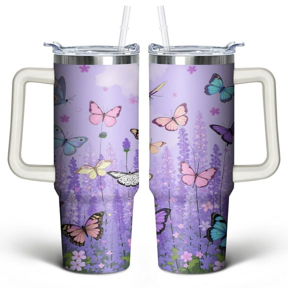 Purple Lavender Flower Butterflies 30 Oz Tumbler with Handle Lid and Straw, Stainless Steel Double Walled Vacuum Insulated Cup, Cute Birthday Gifts Tumbler for Women Men Friends