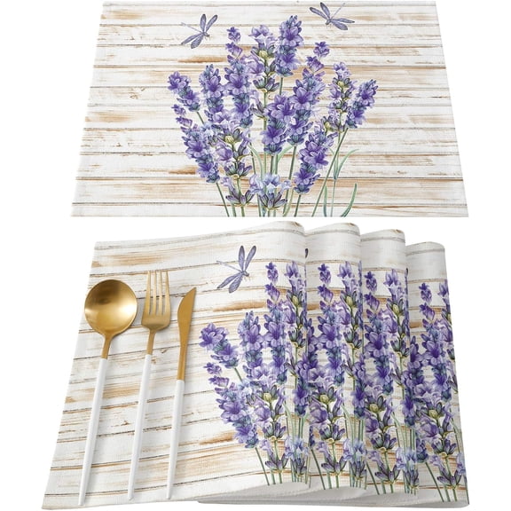 Purple Lavender Flower Placemats Set of 4 Non Slip Washable Table Mats Set,Farmhouse Floral Dragonfly Rustic Wood Grain Table Placemats for Kitchen Dining Table Wedding Holiday Party Decoration