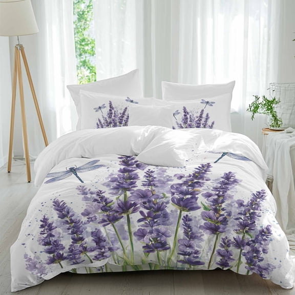 Purple Lavender Flower Queen Size Comforter Set, Vintage Purple Lavender Floral Dragonfly Bedding for All Seasons, 4 Pcs Bed Set, 1Quiltcover (90"x92") ,1Sheet(94"x116"), 2Pillowcases (30"x20")