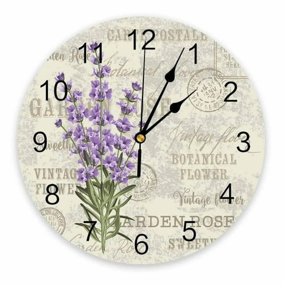 Purple Lavender Flower Vintage Decorative Round Wall Clock Custom Design Non Ticking Silent Bedrooms Large Wall Clock(10 Inch)