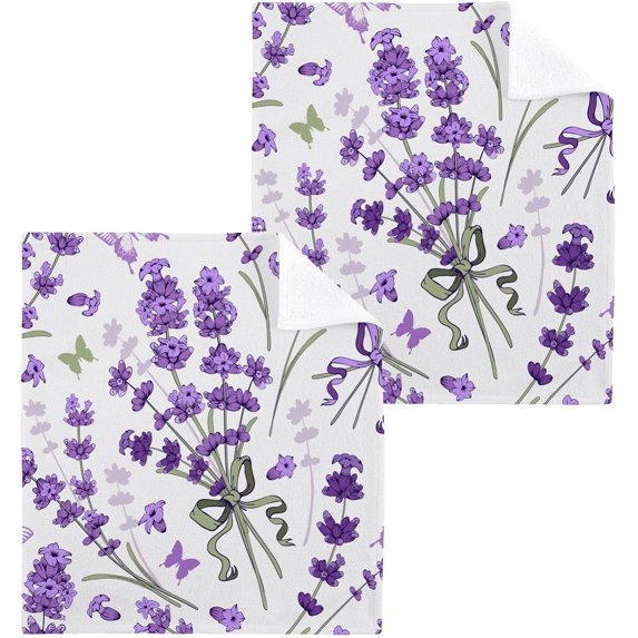 Purple Lavender Flowers Washcloth 12x12in Set, 2 Pack Absorbent Cotton Towel Square Kitchen Dishes Towels, Soft Cleaning Face Hand Towel Fast Drying Wash cloth