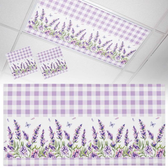 Purple Lavender Fluorescent Light Covers Watercolor Spring Floral Butterfly Purple Buffalo Plaid Magnetic Light Filters Ceiling Lighting Panel Shade for Classroom Office Home 2 x 4 ft, 2 Pack