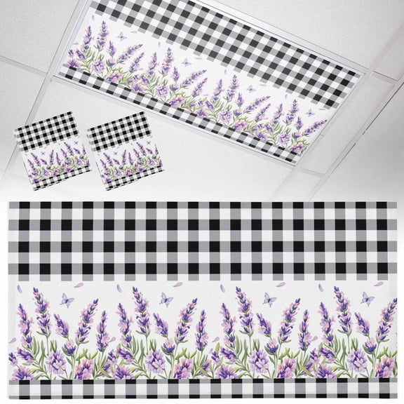 Purple Lavender Fluorescent Light Covers Watercolor Spring Purple Floral Butterfly Black Buffalo Plaid Magnetic Light Filters Ceiling Lighting Panel Shade for Classroom Office Home 2 x 4 ft, 2 Pack