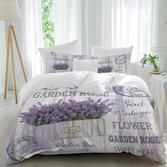Purple Lavender Full Size Comforter Set, Flowers Vintage Wood Grain Flower Pot Bedding for All Seasons, 4 Pcs Bed Set, 1Quiltcover (86"x86") ,1Sheet(80"x116"), 2Pillowcases (30"x20")