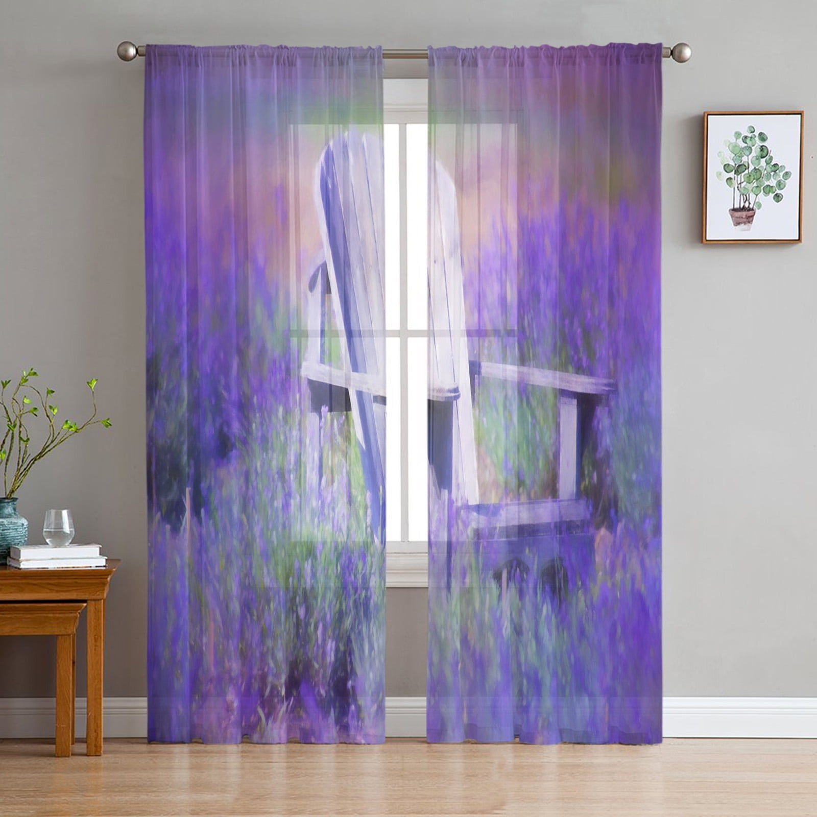 Purple Lavender Green Leaves Plant Field Window Tulle Curtains for