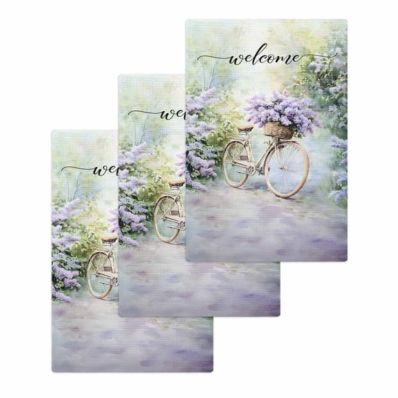 Purple Lavender Hand Towels Set, Waffle Weave Kitchen Towels 3 Pieces, Green Leaves Spring Bike Botanical Microfiber Hair Face Bath Tea Towel Absorbent Quick Drying Cleaning Dish Cloths, 15.7"x23.6"