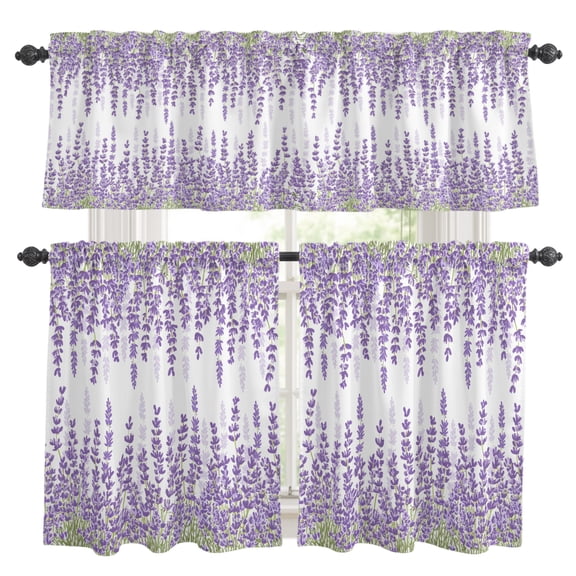 Purple Lavender Kitchen Curtains Set for Windows, Pastoral Flowers Leaf Idyllic Plants Curtains Valance and Tier 3 Piece Set Small Drapes 24 Inch Length for Kitchen Bedroom Decor