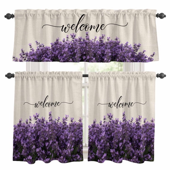 Purple Lavender Kitchen Curtains Set for Windows, Welcome Spring Pastoral Curtains Valance and Tier 3 Piece Set Small Drapes 36 Inch Length for Kitchen Bedroom Decor
