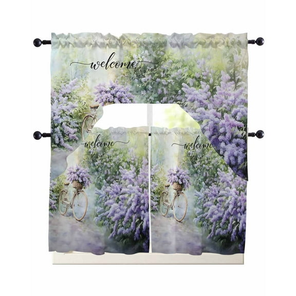 Purple Lavender Kitchen Curtains Sets 36 Inch Length with Valance, Green Leaves Spring Bike Botanical Swag Valances and Tiers Curtain Set Drapes Swag Curtains for Living Room, Bathroom, Bedroom, Cafe