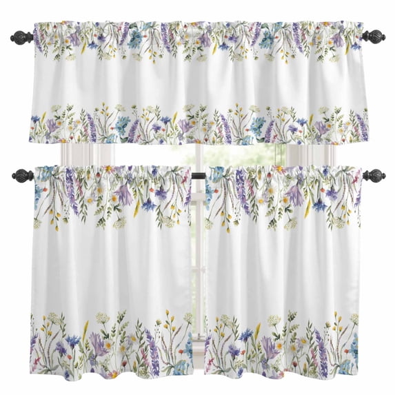 Purple Lavender Kitchen Curtains Sets for Windows 24 Inch Length, Spring Pastoral Wildflowers Botanical Rod Pocket Window Treatments Tier Curtains and Valances Set for Bedroom/Bathroom