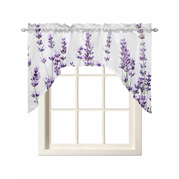 Purple Lavender Kitchen Curtains Swag Valance for Windows/Bathroom/Cafe, Spring Botanical Garden Florals Motifs Rod Pocket Drape Panel Swag Curtain Valance for Bedroom/Living Room 55''x36''