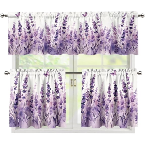 Purple Lavender Kitchen Curtains Tiers and Valances Set 3 Piece for Windows, Floral Kitchen Window Curtains Trendy Decorations for Bedroom Cafe Living Room Kitchen Curtains Sets for Windows