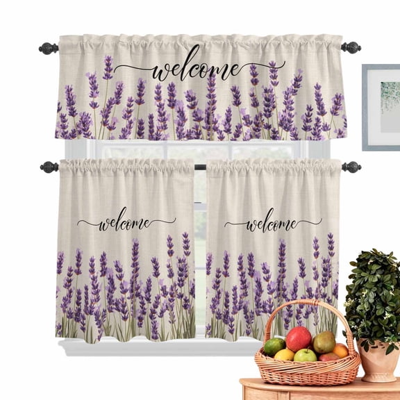 Purple Lavender Kitchen Curtains Valances 3 Piece Set, Spring Pastoral Linen Texture Rod Pocket Tier Curtain and Valance Drapes for Small Window 36 Inch Length for Bedroom Cafe