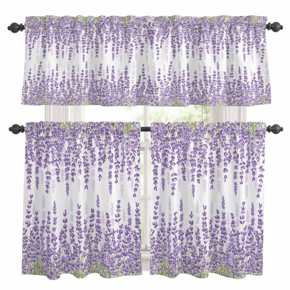 Purple Lavender Kitchen Curtains Valances and Tiers Set of 3 Pastoral Flowers Leaf Idyllic Plants Tier Curtains and Valance with Rod Pocket for Small Windows, 27.5"x36"