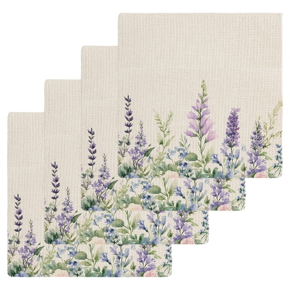 Purple Lavender Kitchen Dish Towels for Drying Dishes Set of 4, Botanical Blossom Motif Leaves Spring Waffle Weave Microfiber Hand Tea Bathroom Towels Quick Dry & Absorbent Towel 12x12