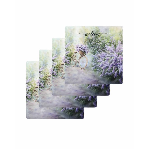Purple Lavender Kitchen Dish Towels for Drying Dishes Set of 4, Green Leaves Spring Bike Botanical Waffle Weave Microfiber Terry Hand Tea Bathroom Towels Quick Dry & Absorbent Towel 12x12
