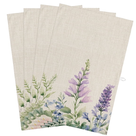 Purple Lavender Kitchen Towels, Absorbent Microfiber Kitchen Dish Hand Tea Bath Towel, Botanical Blossom Motif Leaves Spring Quick Dry Cleaning Cloth Dishclothes Decorative Sets, (4-PC, 18x28)