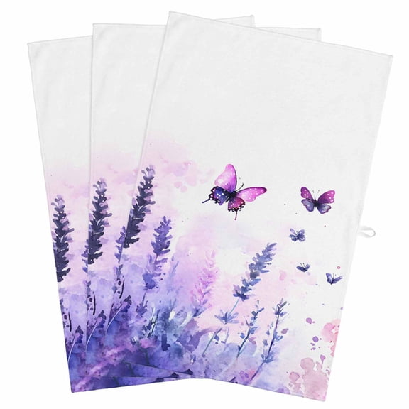 Purple Lavender Kitchen Towels, Absorbent Microfiber Kitchen Dish Hand Tea Bath Towel, Butterfly Flowers Spring Watercolor Quick Dry Cleaning Cloth Dishclothes Decorative Sets, (3-PC, 18x28)