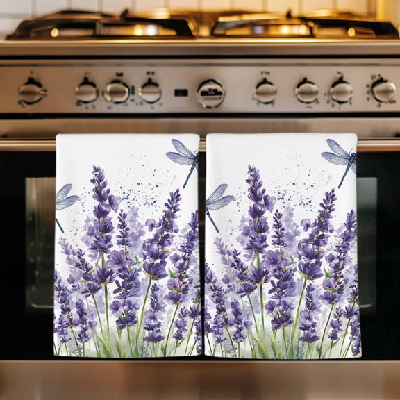 Purple Lavender Kitchen Towels Set of 1, Pastoral Botanical Floral Dragonfly Absorbent Dish Towels for Kitchen, Microfiber Hand Towel, Quick Drying Tea Towel for Cleaning Decorative Dishcloths
