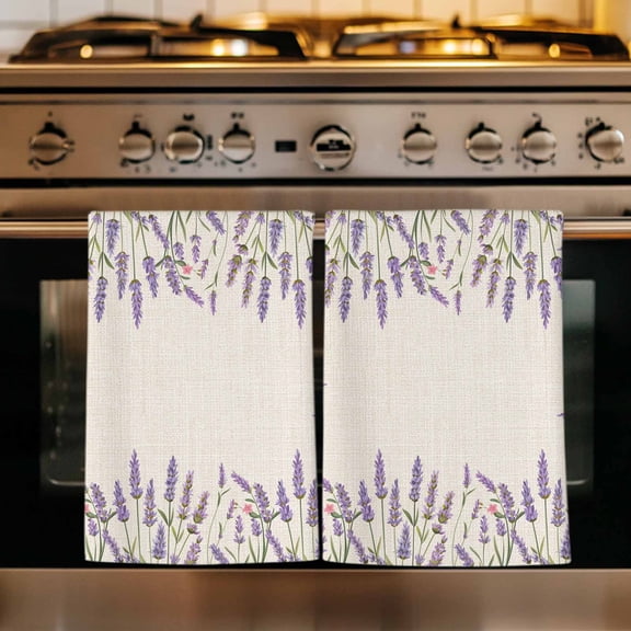 Purple Lavender Kitchen Towels Set of 2, Farmhouse Vintage Botanical Flowers Floral Absorbent Dish Towels for Kitchen, Microfiber Hand Towel, Quick Drying Tea Towel for Cleaning Decorative Dishcloths