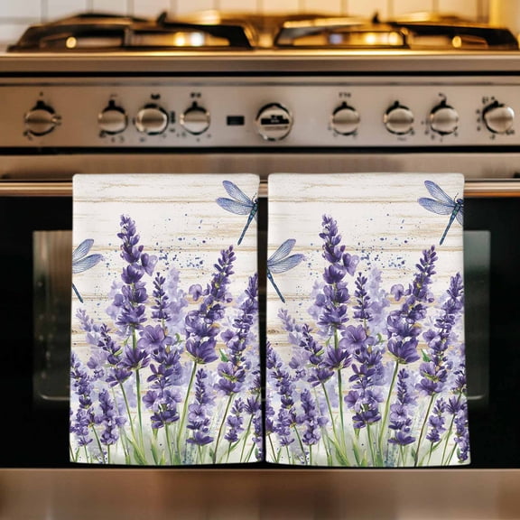 Purple Lavender Kitchen Towels Set of 2, Summer Watercolor Dragonfly Wooden Grain Absorbent Dish Towels for Kitchen, Microfiber Hand Towel, Quick Drying Tea Towel for Cleaning Decorative Dishcloths