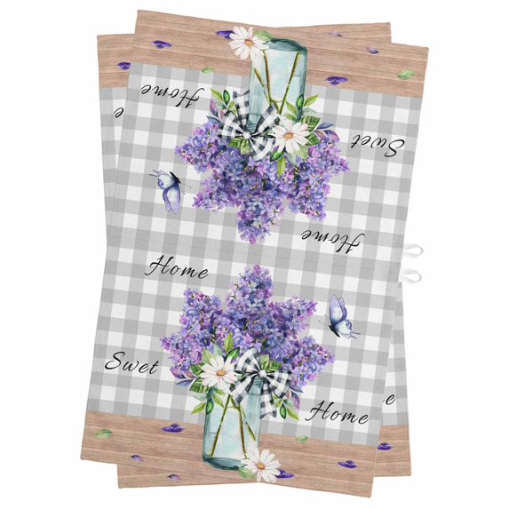 Purple Lavender Kitchen Towels Set of 2, Water Absorbent Dish Towel, Spring Butterfly Daisy Watercolor Gray Decorative Hand Towels - Quick Drying Cloth for Cooking Baking, 18x28 Inch