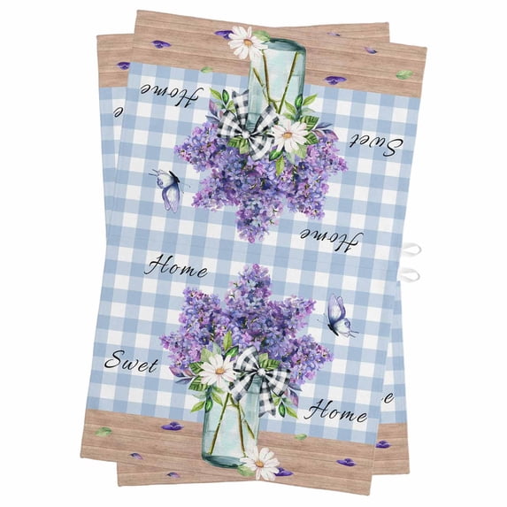 Purple Lavender Kitchen Towels Set of 2, Water Absorbent Dish Towel, Spring Daisy Butterfly Plants Watercolor Blue Decorative Hand Towels - Quick Drying Cloth for Cooking Baking, 18x28 Inch