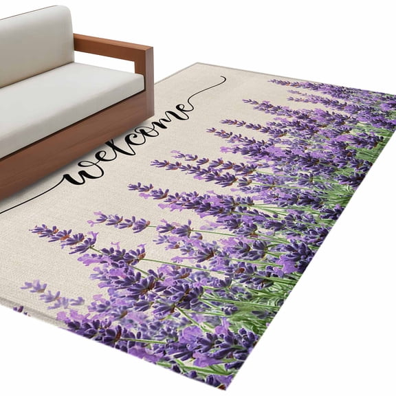 Purple Lavender Large Area Rugs for Bedroom Living Room, Soft Non Slip Carpet Bedside Rug, Purple Spring Floral Wildflower Plant Rectangle Floor Cover Kitchen Accent Rug 2.7'x5' for Office