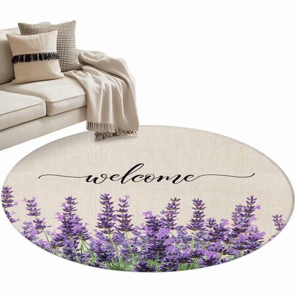 Purple Lavender Large Area Rugs for Bedroom Living Room, Soft Non Slip Carpet Bedside Rug, Purple Spring Floral Wildflower Plant Round Floor Cover Kitchen Accent Rug 3' for Dining Room/Office