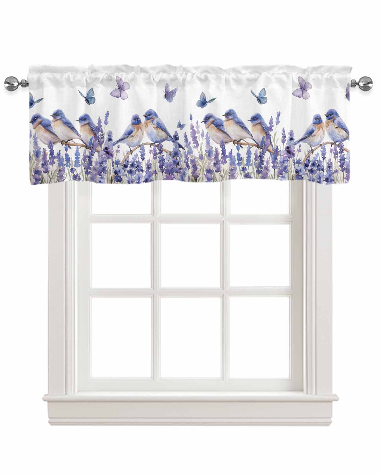 Purple Lavender Linen Curtain Valance for Bedroom/Bathroom/Kitchen/Office/Living/Dining Room Window,Spring Summer Birds Animal White Pocket Topper Drapes Decorative Cafe Drapery Panel 42"x18"