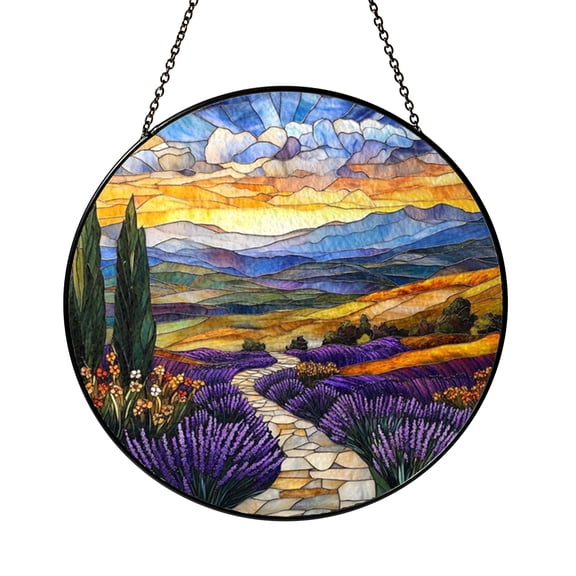 Purple Lavender Meadow Art Glass Style Decorative Window Hanging2001