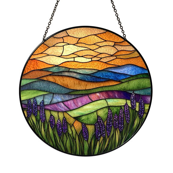 Purple Lavender Meadow Glass Suncatcher, Round Window Hanging Sunset Scene, Peaceful Nature Home Decoration