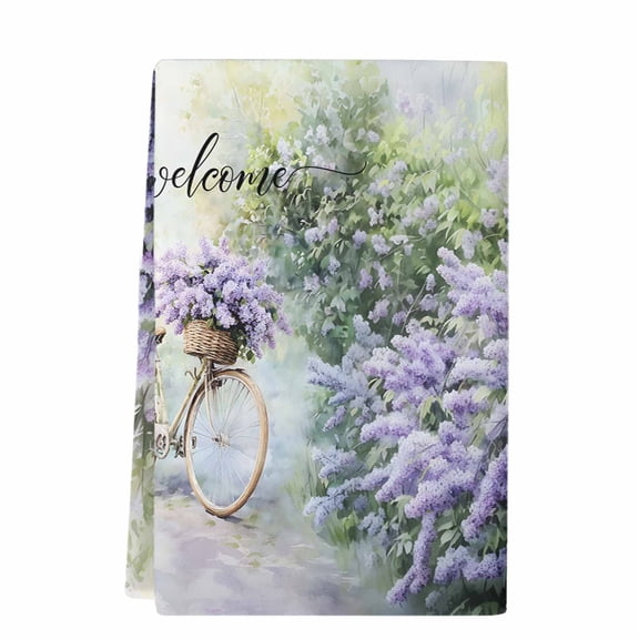 Purple Lavender Microfiber Kitchen Towel, Green Leaves Spring Bike Botanical Soft Absorbent Dish Towels, Quick Drying Washable Dishcloths for Kitchen Cleaning, Drying Dishes, 18x28 Inches