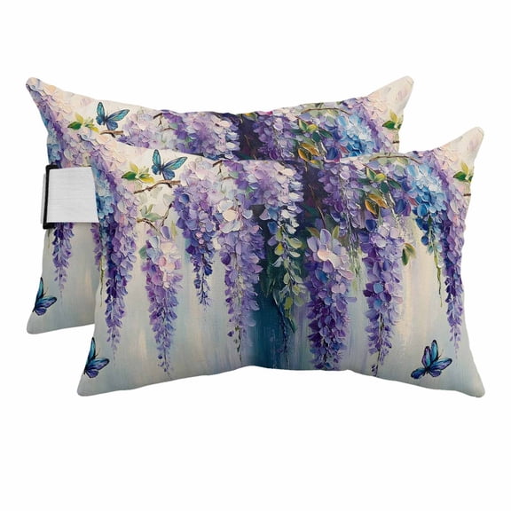Purple Lavender Outdoor Pillows for Chaise Lounge Chair Beach Headrest Pillow Set of 2 Waterproof Lumbar Pillows with Insert Butterfly Flower Abstract Brush Artwork Pillow for Patio Pool 11"x16"