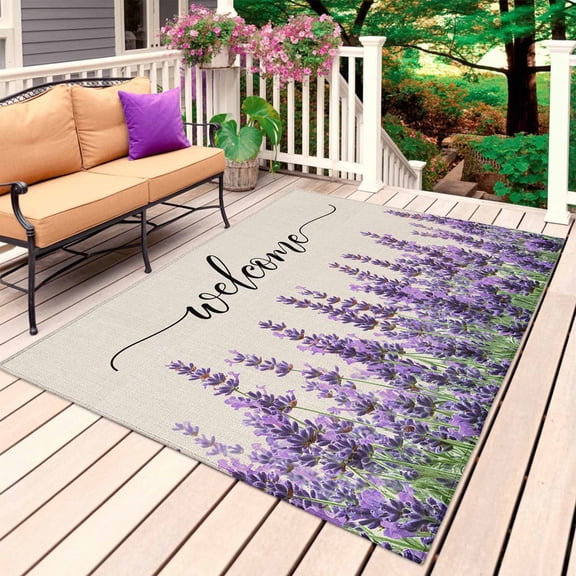 Purple Lavender Outdoor Rug 3x5 Ft, Non Slip Washable Area Rug, Purple Spring Floral Wildflower Plant Patio Rugs Carpet Runner, Large Floor Mat for Indoor/Outdoor Deck Porch Camping