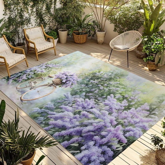 Purple Lavender Outdoor Rug 3x5 Ft - Reversible Patio Rug Outdoor Camping Rugs, Floral Pastoral Country Bike Farmhouse Washable Indoor Outdoor Area Rugs, Non-Slip Outdoor Carpet Runner for Deck/Porch