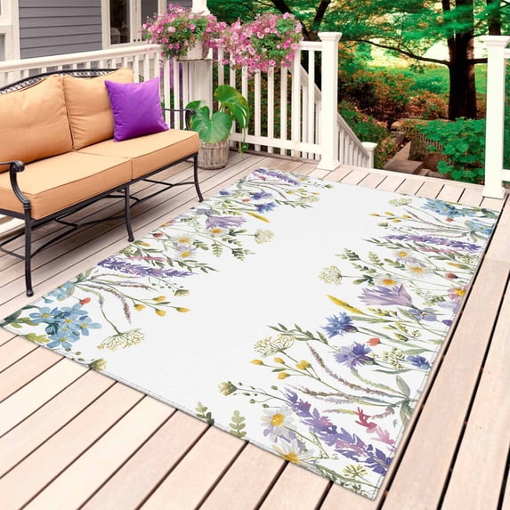 Purple Lavender Outdoor Rug for Patio/Deck/Porch, Non-Slip Large Area Rug 3 x 5 Ft, Spring Pastoral Wildflowers Botanical Indoor Outdoor Rugs Washable Area Rugs, Reversible Camping Rug Carpet Runner