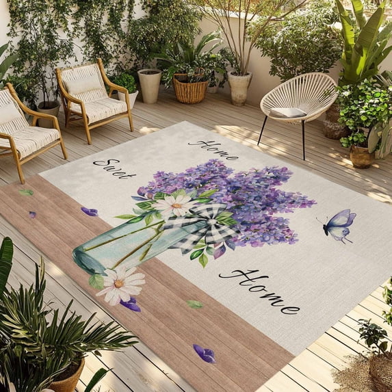 Purple Lavender Outdoor Rug for Patio/Deck/Porch, Non-Slip Large Area Rug 4 x 6 Ft, Spring Floral Daisy Butterfly Leaves Beige Indoor Outdoor Rugs Washable Area Rugs, Camping Rug Carpet Runner