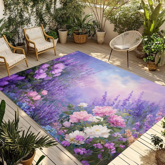 Purple Lavender Outdoor Rug for Patio/Deck/Porch, Non-Slip Large Area Rug 4 x 6 Ft, Spring Watercolor Country Wildflowers Indoor Outdoor Rugs Washable Area Rugs, Reversible Camping Rug Carpet Runner