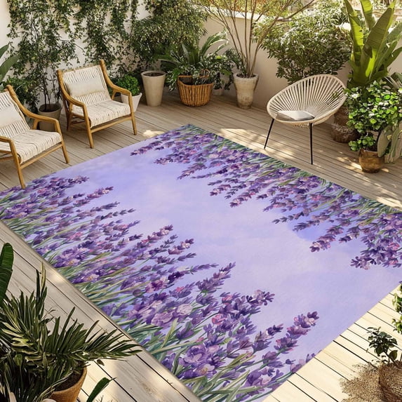 Purple Lavender Outdoor Rug for Patio/Deck/Porch, Non-Slip Large Area Rug 5 x 7 Ft, Spring Watercolor Wild Flowers Plant Indoor Outdoor Rugs Washable Area Rugs, Reversible Camping Rug Carpet Runner