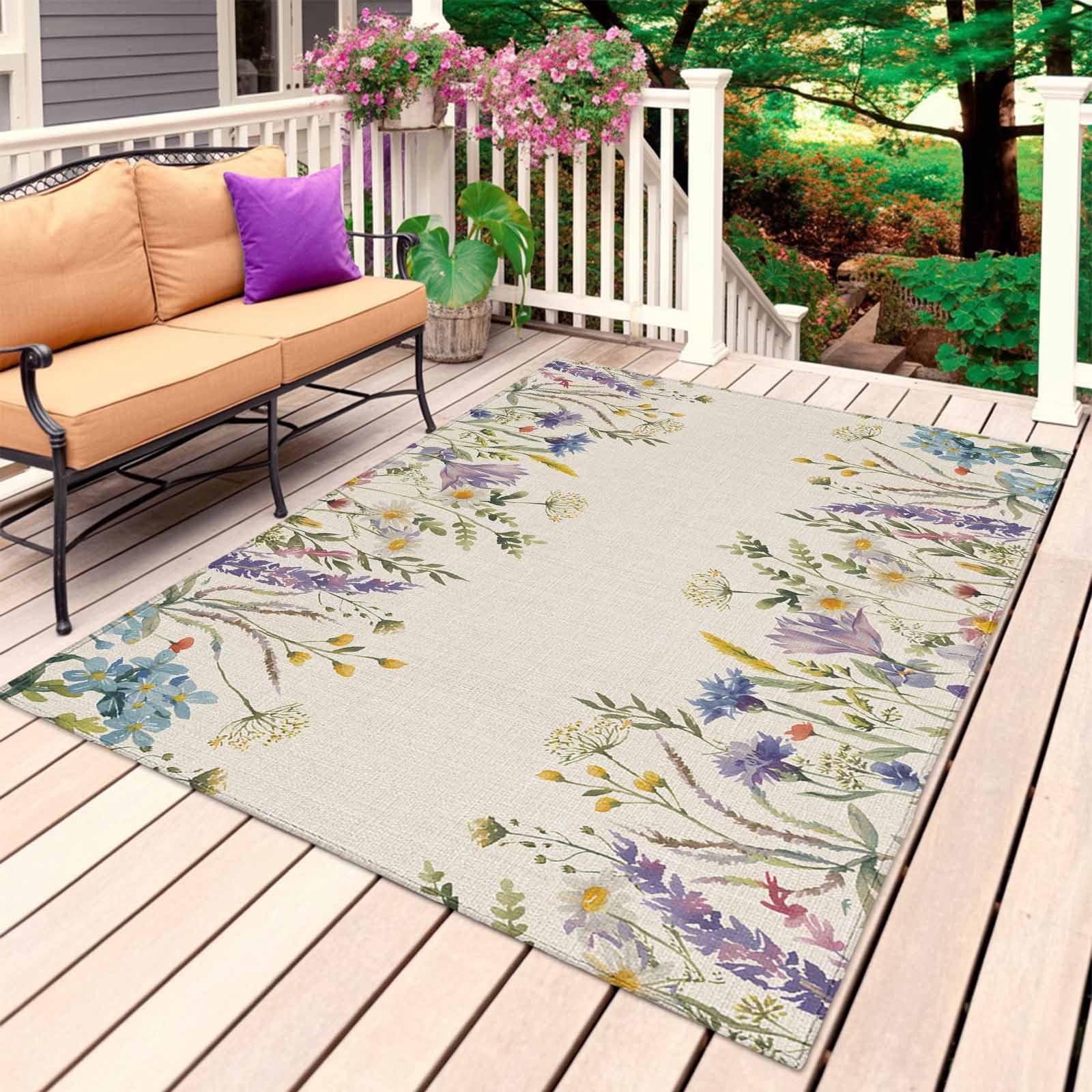 Purple Lavender Outdoor Rug for Patio/Deck/Porch, Non-Slip Large Area Rug 5 x 8 Ft, Spring Rustic Wildflowers Botanical Beige Indoor Outdoor Rugs Washable Area Rugs, Camping Rug Carpet Runner