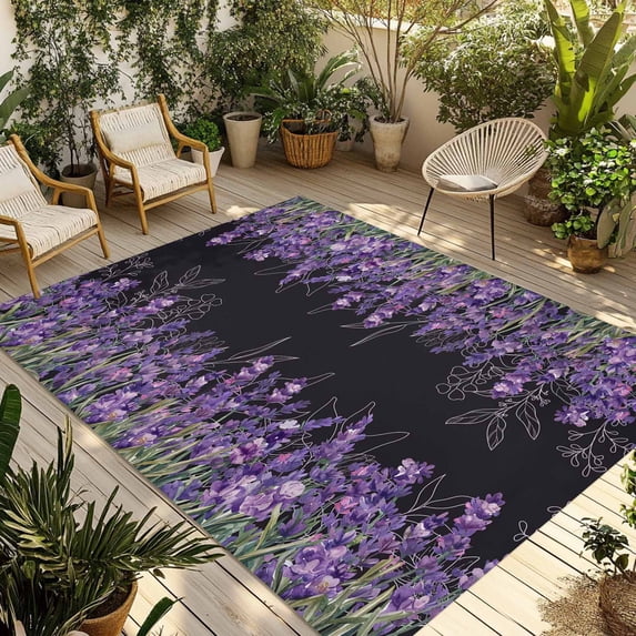 Purple Lavender Outdoor Rug for Patio/Deck/Porch, Non-Slip Large Area Rug 5 x 8 Ft, Spring Watercolor Wildflowers Plant Black Indoor Outdoor Rugs Washable Area Rugs, Camping Rug Carpet Runner