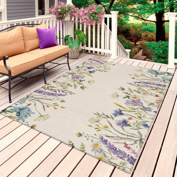 Purple Lavender Outdoor Rug for Patio/Deck/Porch, Non-Slip Large Area Rug 6 x 9 Ft, Spring Rustic Wildflowers Botanical Beige Indoor Outdoor Rugs Washable Area Rugs, Camping Rug Carpet Runner