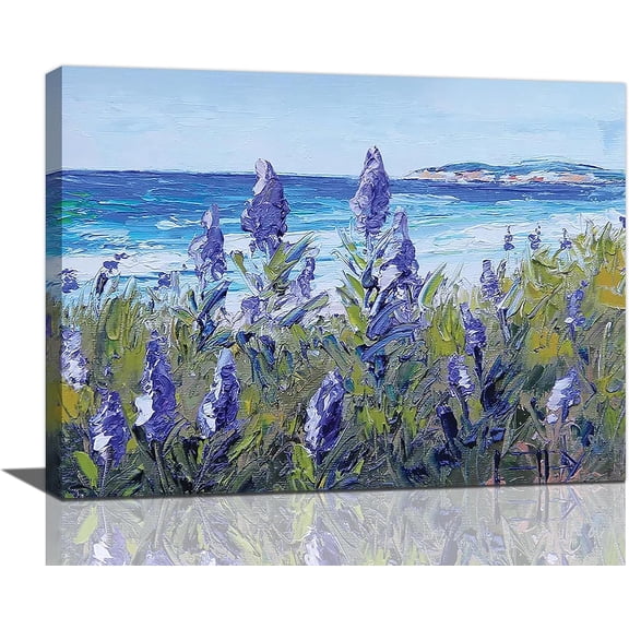Purple Lavender Pictures Coastal Beach Bathroom Decor Wall Art Beach Canvas Prints Painting Lavender Bathroom Wall Decor Framed Artwork for Living Room Bedroom 16"x12"