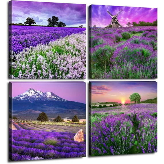 Purple Lavender Pictures Purple Bathroom Wall Decor Nature Mountain Purple Landscape Wall Art for Living Room France Provence Canvas Painting Flower Scenery Poster Bedroom Home Decorations 12x12" 4Pcs
