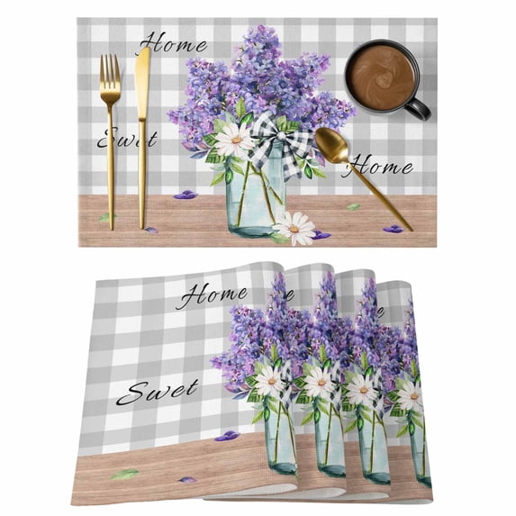 Purple Lavender Placemats Set of 12, Spring Butterfly Daisy Watercolor Gray Placemats for Dining Table, Place Mats for Kitchen Tabletop, Waterproof Wipeable Dining Table Mats Set