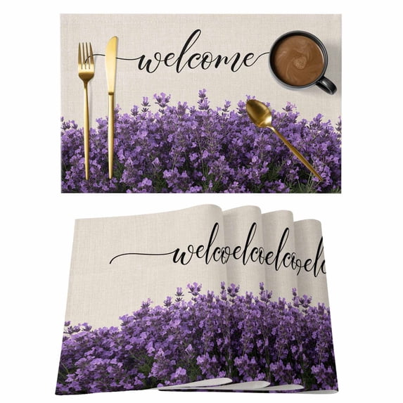 Purple Lavender Placemats Set of 2, Welcome Spring Pastoral Non-Slip Place Mats Washable Table Mats for Kitchen Dining Table Decorations Indoor/Outdoor