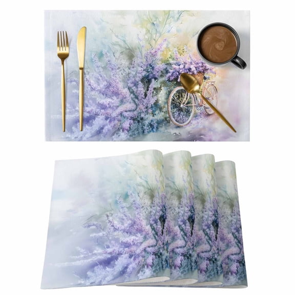 Purple Lavender Placemats Set of 4 Spring Flower Pastoral Bike Rustic Place Mats Indoor Wipeable Table Mats Washable Cloth Dining Table Placemats for Kitchen Holiday Party Home Decor 13x19 Inch