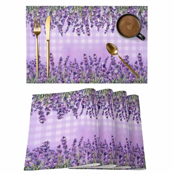 Purple Lavender Placemats Set of 4, Spring Watercolor Wildflowers Plant Plaid Placemats for Dining Table, Place Mats for Kitchen Tabletop, Waterproof Wipeable Dining Table Mats Set